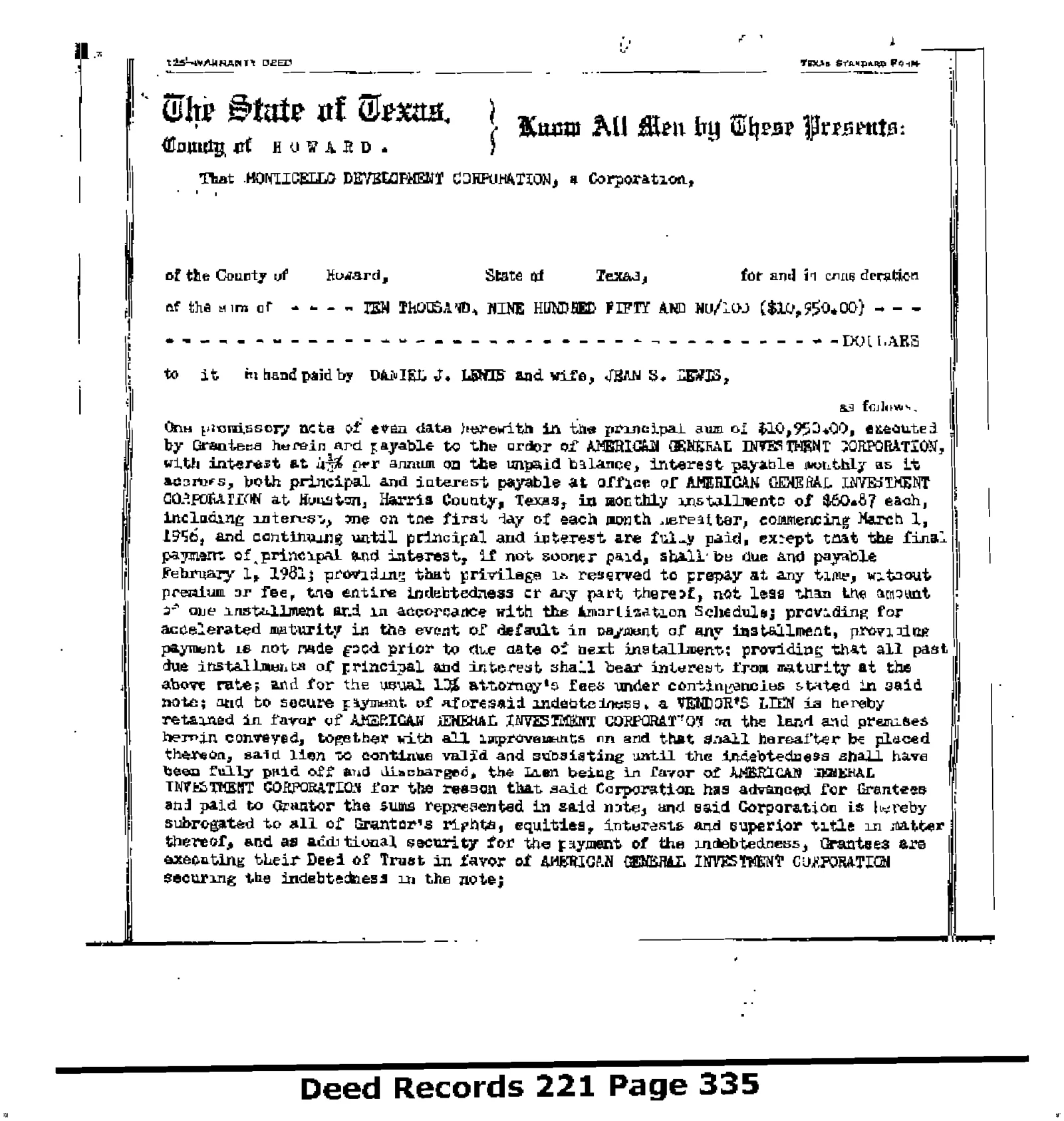 Monticello Development Corp - Recorded Dr Vol: 221 Pg: 335; Warranty Deed (Doc #DOCC1956-27-573235)