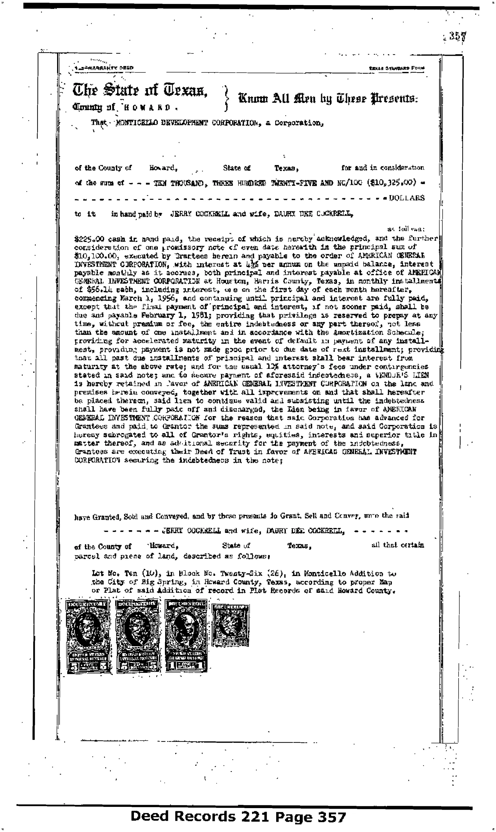 Monticello Development Corp - Recorded Dr Vol: 221 Pg: 357; Warranty Deed (Doc #DOCC1956-56-573248)
